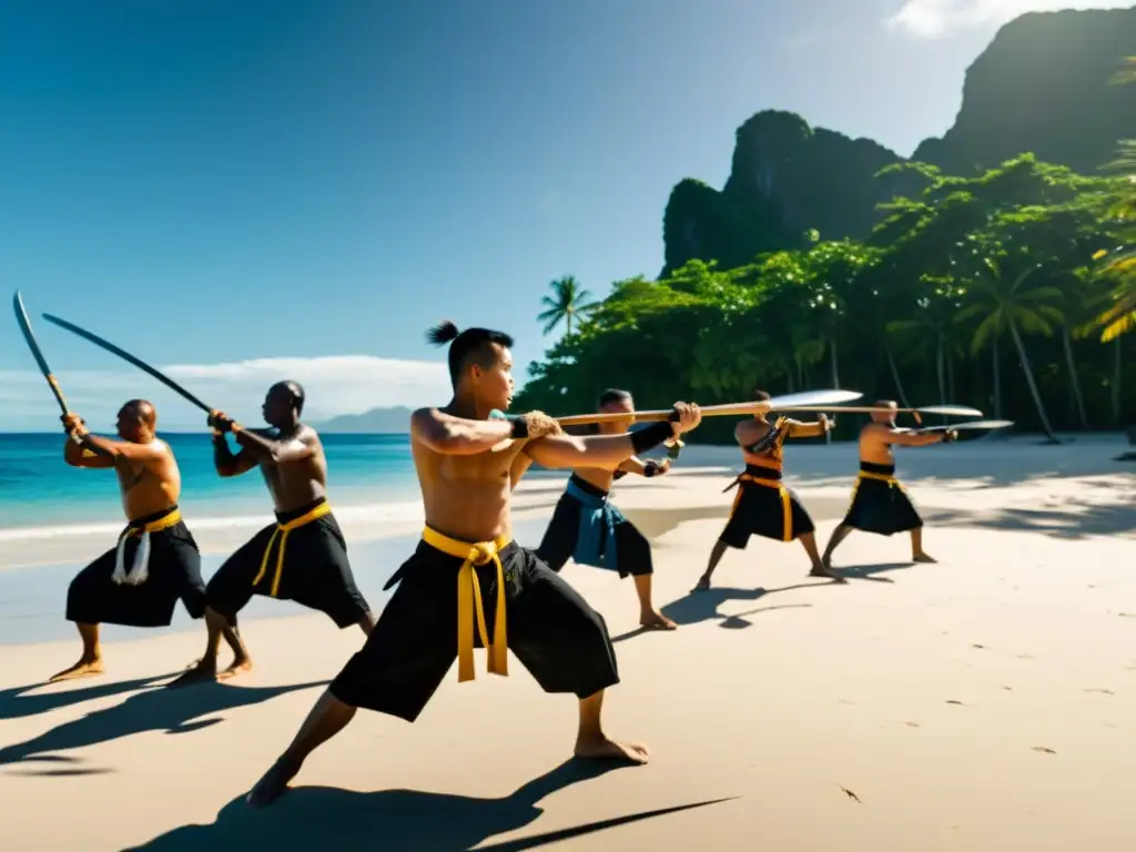 Un grupo de practicantes de Eskrima realiza movimientos precisos en una playa soleada en Filipinas