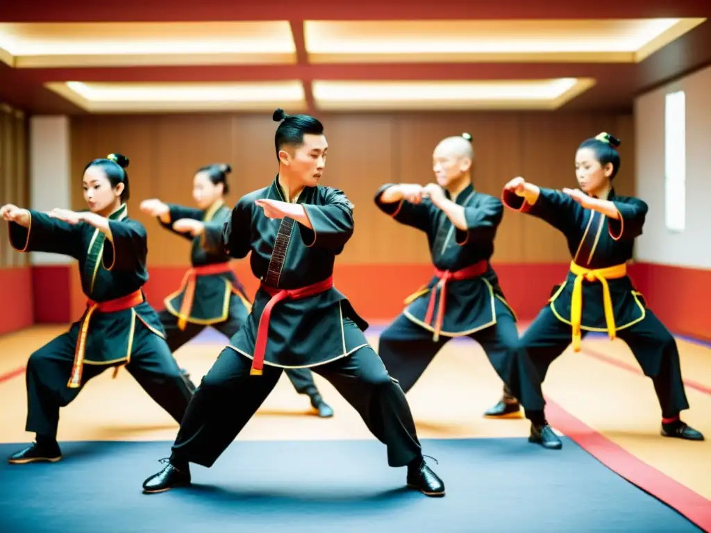 Un grupo de practicantes expertos de Wushu demostrando técnicas en un salón tradicional, usando los mejores zapatos para practicantes Wushu