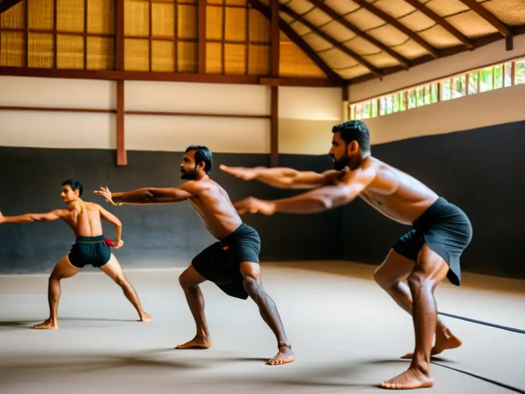 Grupo de practicantes de Kalaripayattu en Kerala, demostrando fuerza y gracia en entrenamiento tradicional