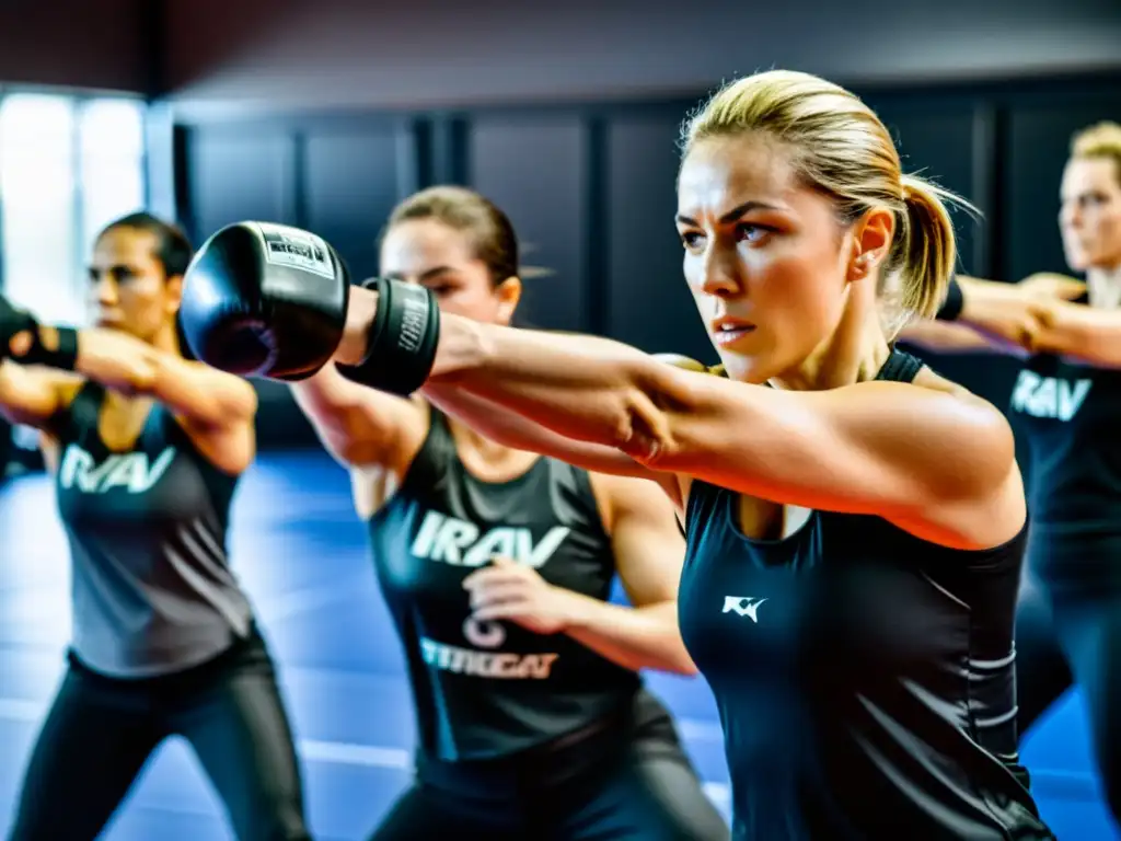 Un grupo de practicantes de Krav Magá en un gimnasio, demostrando diversas técnicas de autodefensa con enfoque e determinación