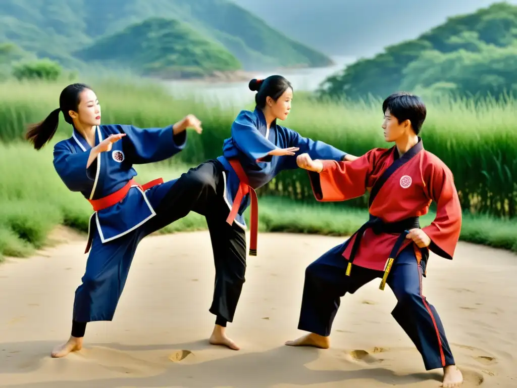 Un grupo de practicantes de Hapkido en atuendo tradicional coreano realiza técnicas dinámicas en un entorno sereno, mostrando la historia y evolución del Hapkido