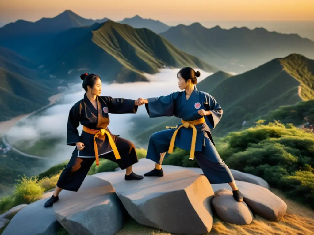 Grupo de practicantes de Hapkido en la cima de la montaña al amanecer, demostrando técnicas de defensa con serenidad y precisión