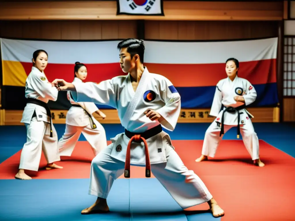 Un grupo de practicantes de Hapkido en un dojang tradicional, mostrando disciplina y técnica en su entrenamiento