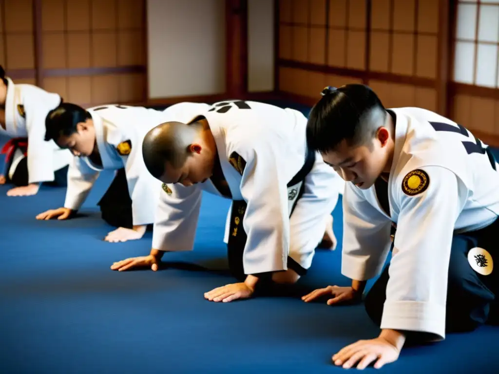 Un grupo de practicantes de Hapkido se inclina respetuosamente antes de una lucha, mostrando la disciplina y respeto del arte marcial