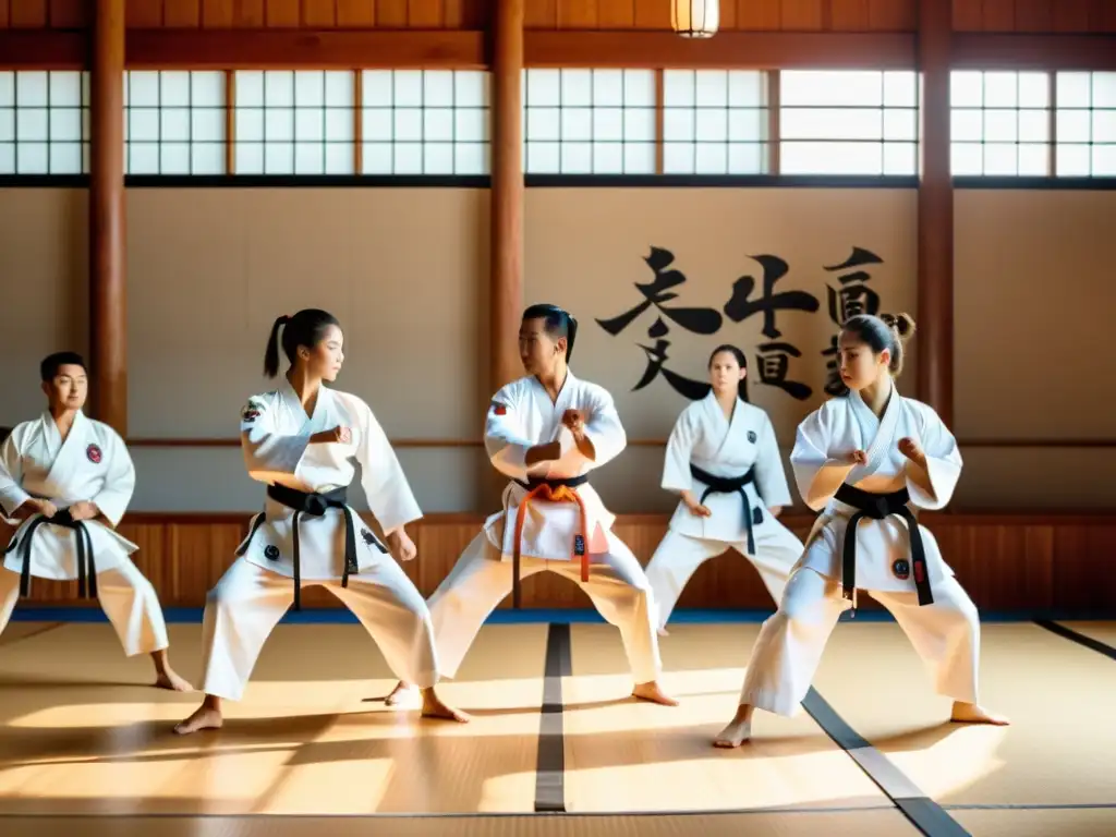 Un grupo de practicantes de karate ejecutando impecables patadas altas en un dojo soleado, transmitiendo determinación y disciplina