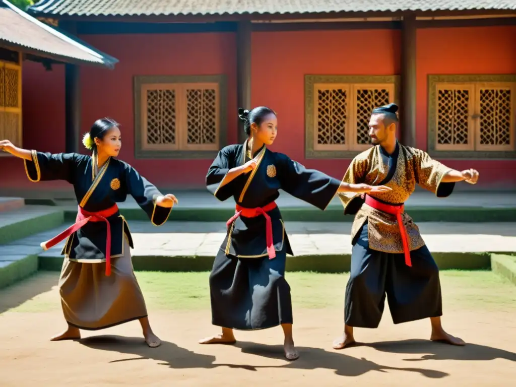 Grupo de practicantes de Pencak Silat realiza una impresionante demostración en un patio tradicional de Indonesia