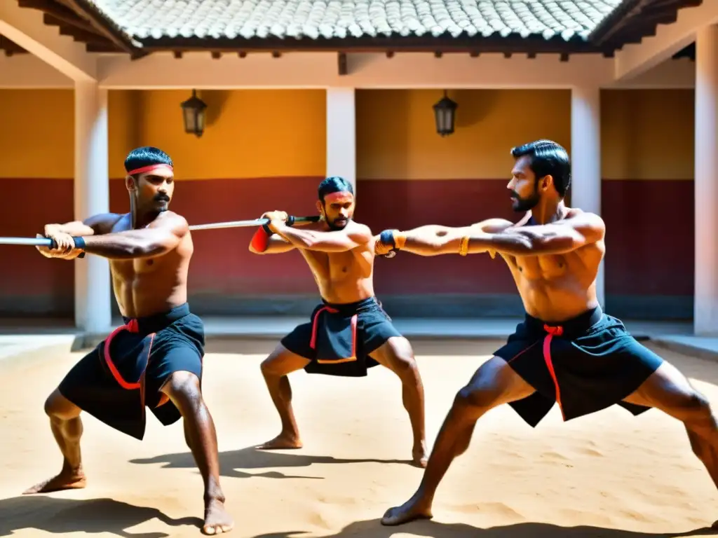 Un grupo de practicantes de Kalaripayattu en intensa formación marcial, demostrando fuerza y agilidad en un patio soleado