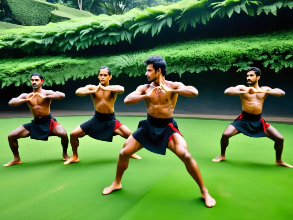 Un grupo de practicantes de Kalaripayattu en una intensa sesión de entrenamiento, demostrando técnicas marciales con gracia y precisión