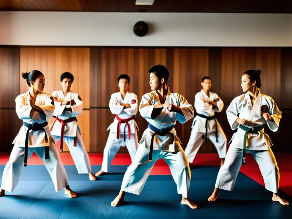 Un grupo de practicantes de karate se esfuerza en una intensa sesión de entrenamiento, con determinación y sudor en sus rostros