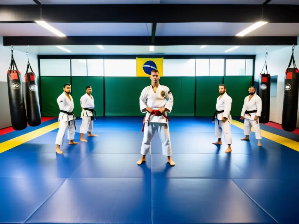 Grupo de practicantes de JiuJitsu Brasileño en clínicas intensivas en Brasil, demostrando determinación y camaradería