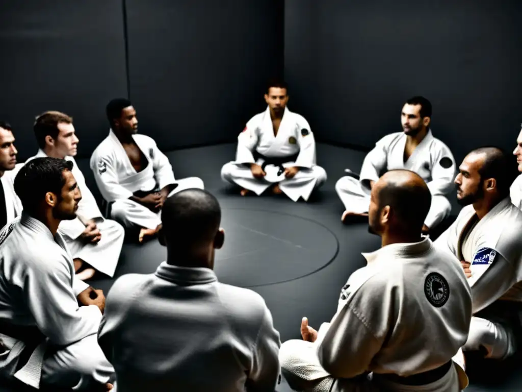 Un grupo de practicantes de Jiu-Jitsu Brasileño discuten apasionadamente sobre su impacto cultural en un dojo