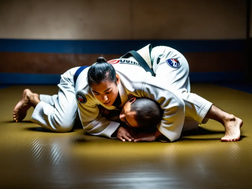 Grupo de practicantes de JiuJitsu Brasileño en una intensa sesión de entrenamiento en una academia auténtica