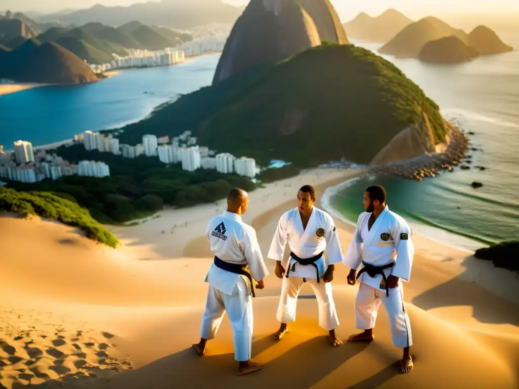 Un grupo de practicantes de JiuJitsu Brasileño, con uniformes gi, luchando en una playa con vista al icónico Pan de Azúcar en Río de Janeiro