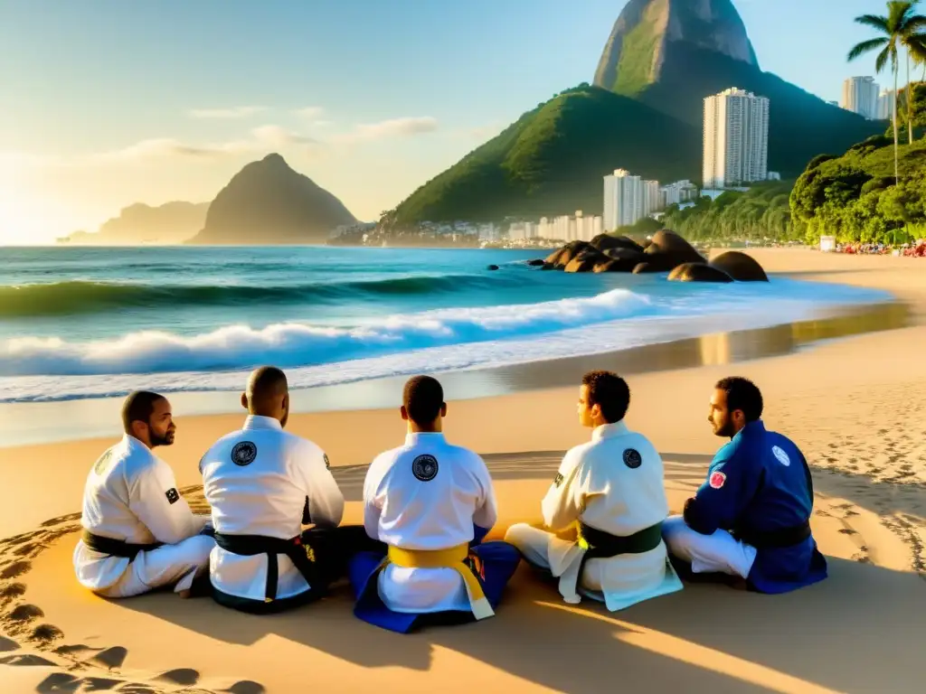 Grupo de practicantes de JiuJitsu Brasileño en la playa de Río, escuchando atentamente a su instructor en una tarde cálida