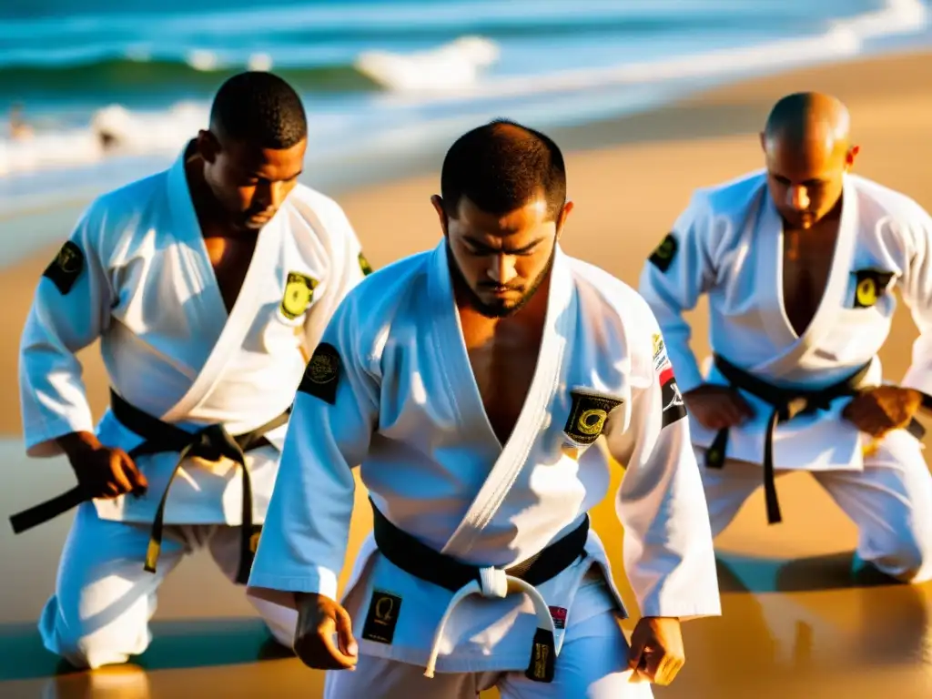 Grupo de practicantes de JiuJitsu Brasileño en clínicas intensivas en la playa de Brasil, con movimientos intensos y paisaje costero vibrante