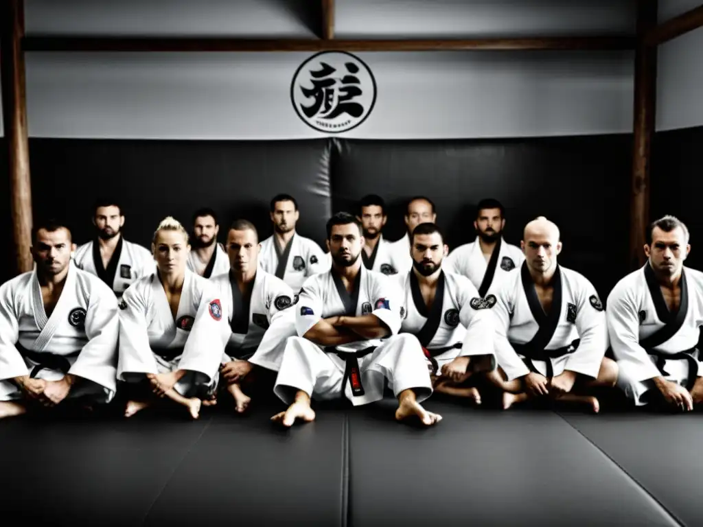 Grupo de practicantes de JiuJitsu europeo en un dojo tradicional, reflejando la evolución del JiuJitsu en Europa con determinación y respeto