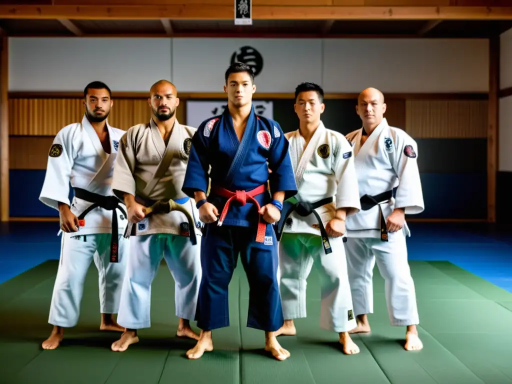 Grupo de practicantes de JiuJitsu con los mejores kimonos JiuJitsu sello oficial, entrenando intensamente en un dojo tradicional japonés