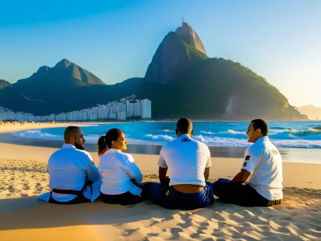 Grupo de practicantes de JiuJitsu en la playa de Copacabana, Río de Janeiro, bajo el sol matutino