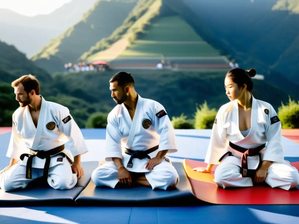 Grupo de practicantes de JiuJitsu ejecutando técnicas precisas en un entorno al aire libre, mostrando determinación y concentración