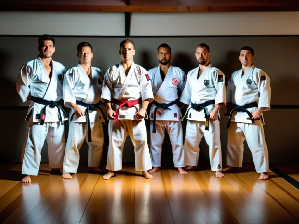 Grupo de practicantes de jiu-jitsu tradicional realizando una demostración de kata sincronizada en un dojo tradicional, evocando reverencia y disciplina en el entrenamiento autodefensa jiu-jitsu tradicional