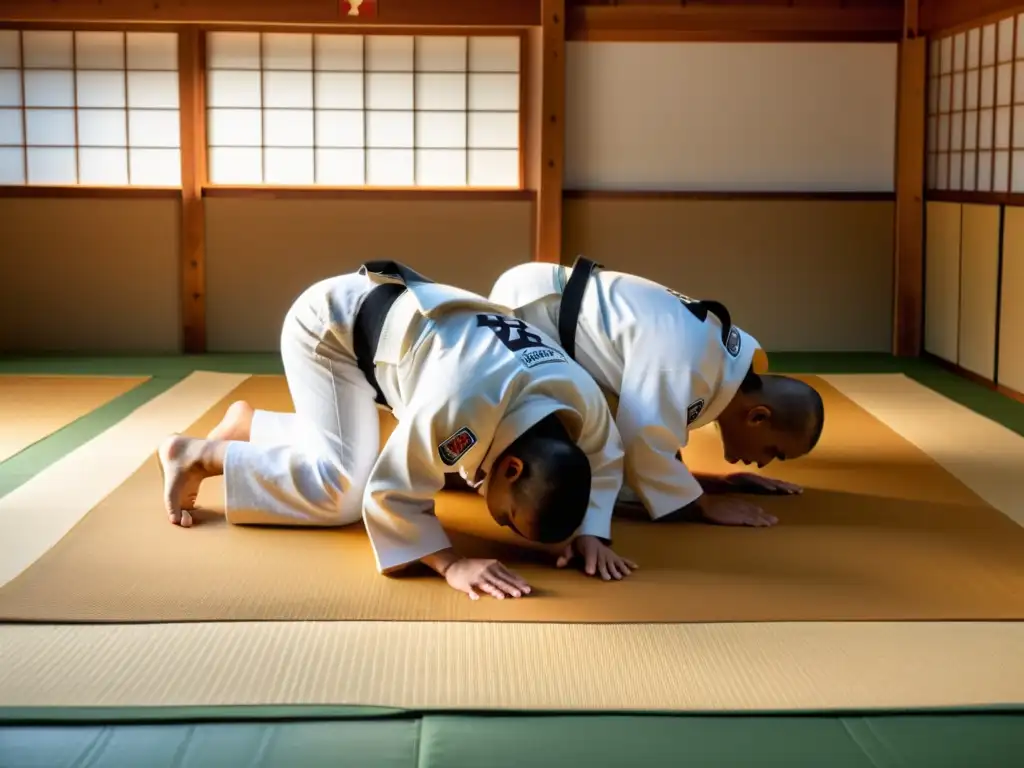 Un grupo de practicantes de judo en gis blancos tradicionales se inclinan en respeto en un dojo japonés mientras la luz de la tarde ilumina la escena