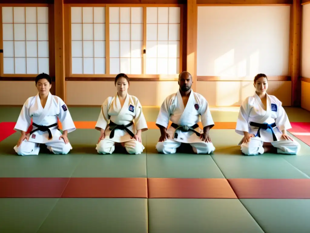 Grupo de practicantes de judo en un dojo europeo, fusionando tradición y modernidad