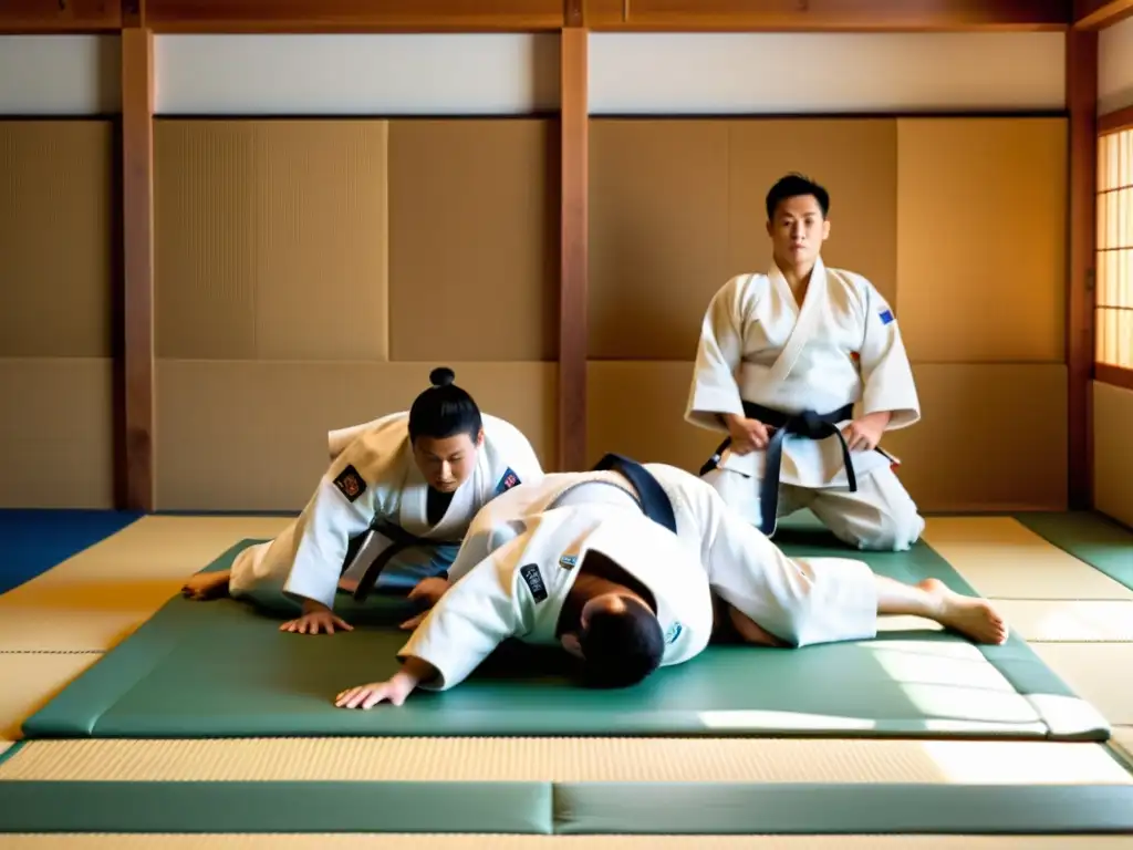 Grupo de practicantes de judo en un dojo tradicional en Tokio, ejecutando técnicas en un tatami con luz cálida