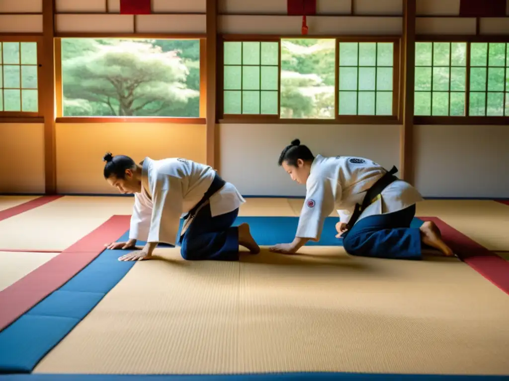 Grupo de practicantes de judo en un dojo japonés tradicional, mostrando la disciplina y dedicación de los retiros de judo en Tokio