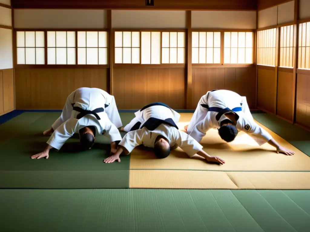 Grupo de practicantes de judo en un dojo europeo histórico, con una atmósfera de tradición y historia del judo en Europa