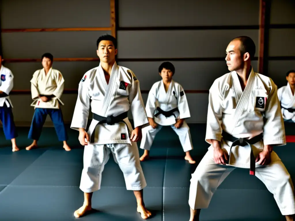 Un grupo de practicantes de judo con gi tradicionales en un dojo, con un sensei demostrando una técnica