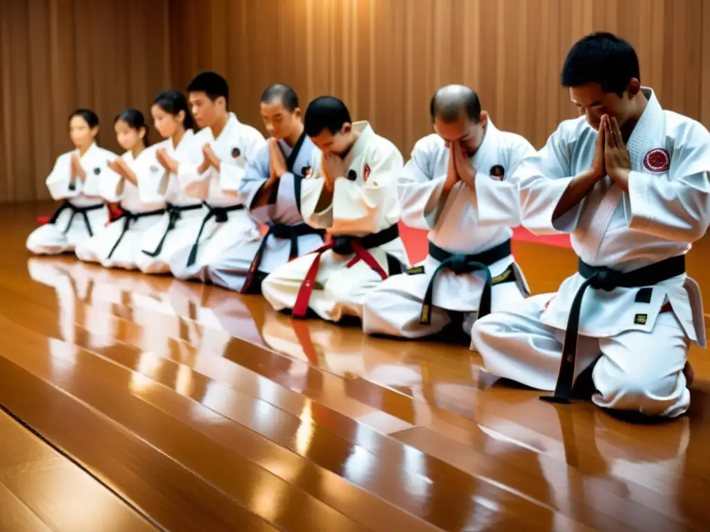 Un grupo de practicantes de karate se inclinan respetuosamente entre sí en un torneo, mostrando honor y tradición