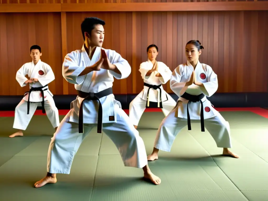 Un grupo de practicantes de karate ejecuta una kata sincronizada en un dojo, mostrando la disciplina y el arte del karate