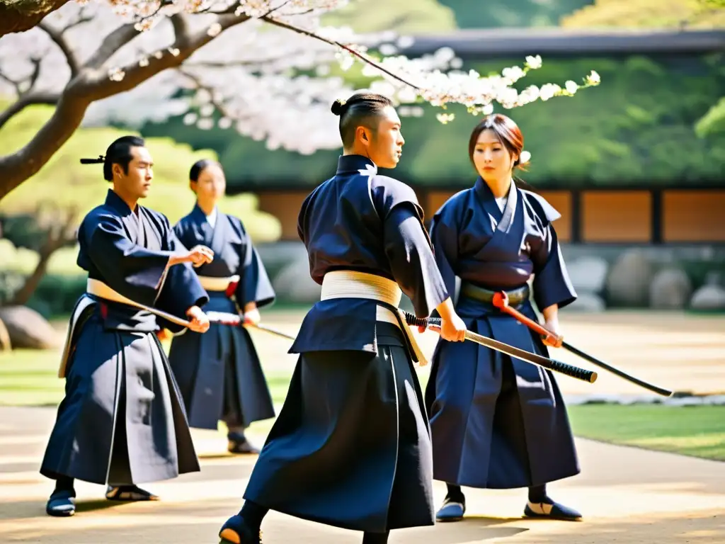 Grupo de practicantes de kendo dedicados en un jardín japonés, demostrando la disciplina y el arte del entrenamiento de kendo