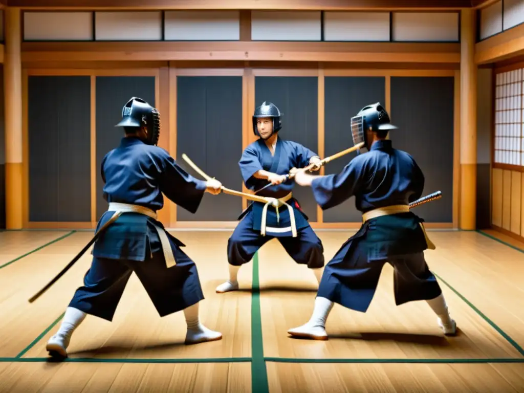 Un grupo de practicantes de kendo en un dojo tradicional, concentrados en un intenso combate de espadas de bambú