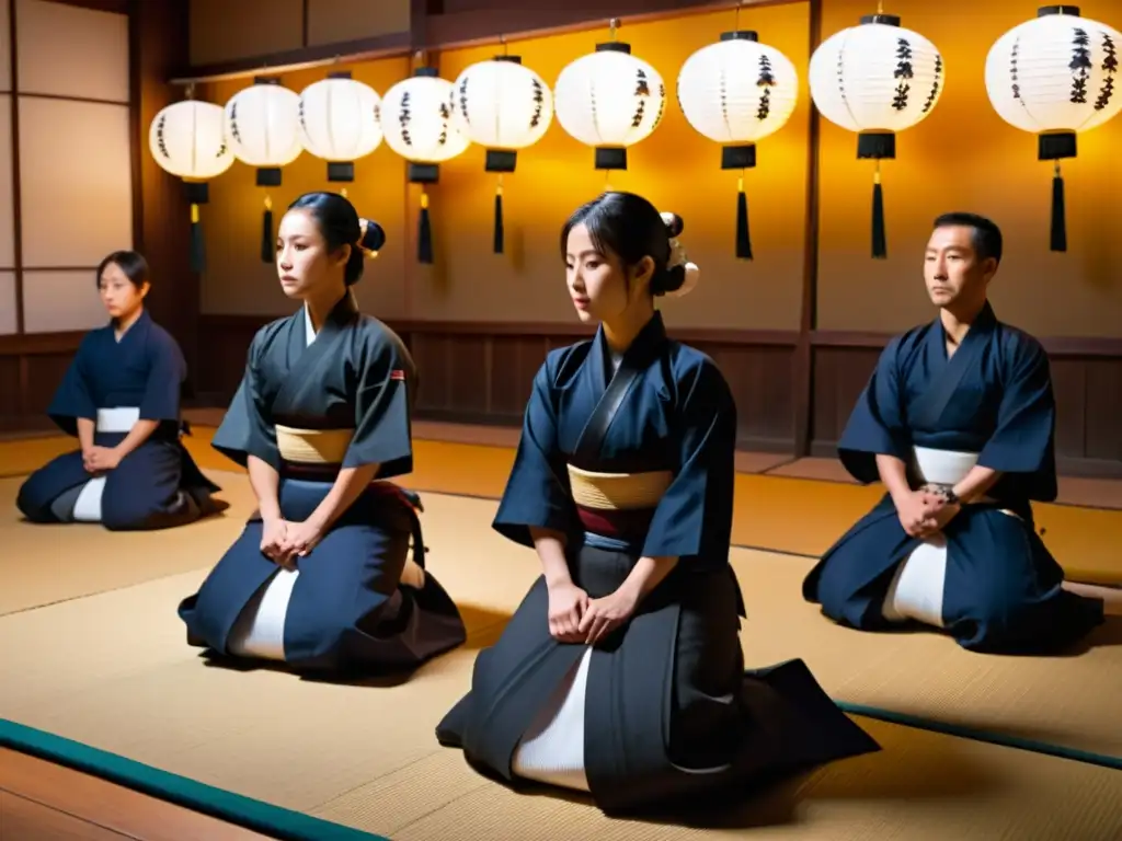 Un grupo de practicantes de kendo en un dojo tradicional en Japón, realizando un ritual con su sensei