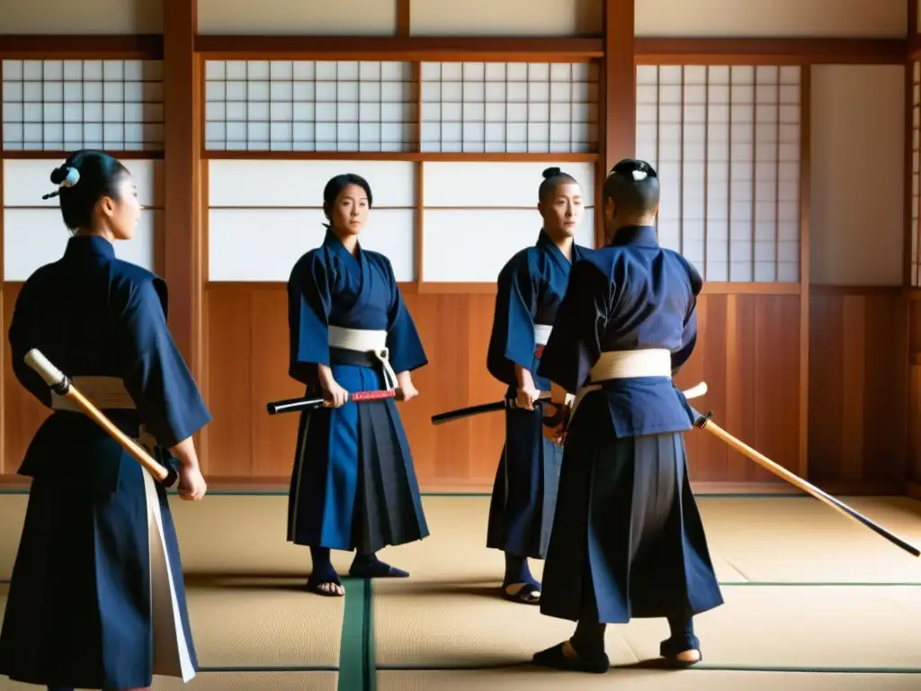 Práctica intensa de kendo en un dojo japonés Grupo de practicantes de kendo en un dojo japonés, con el sensei observando atentamente