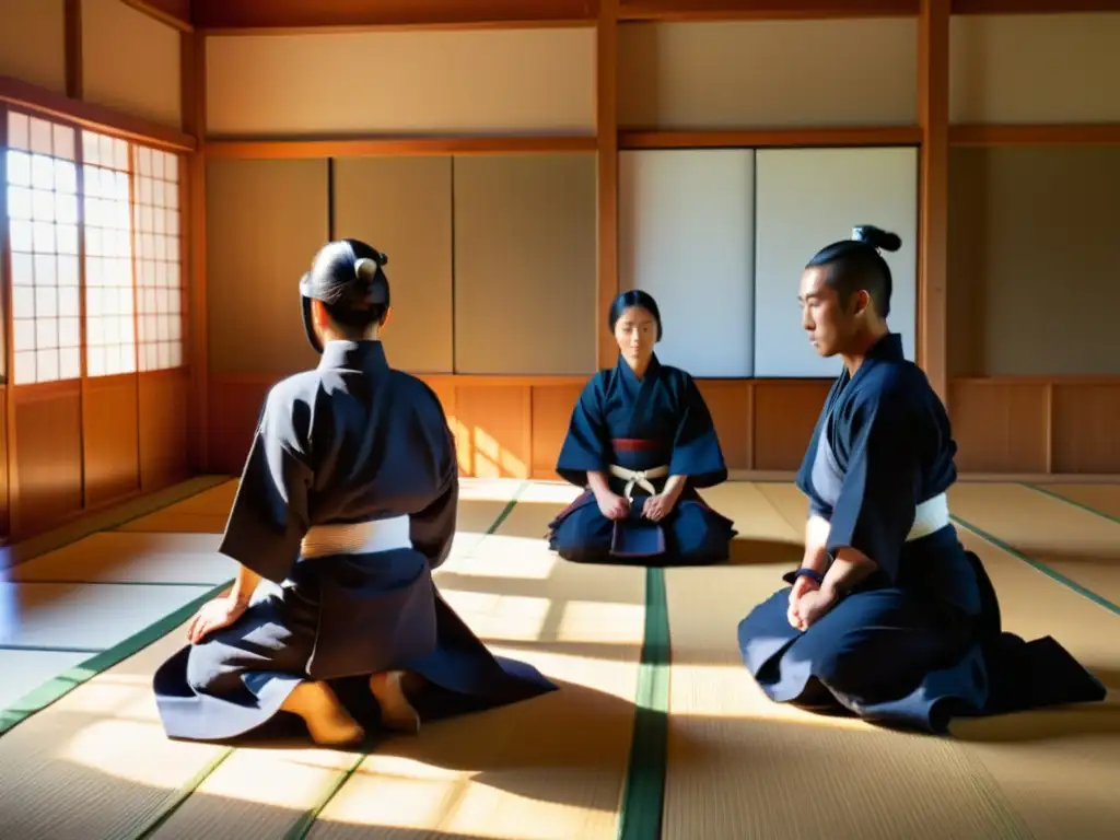 Grupo de practicantes de kendo en un dojo tradicional en Japón, listos para un intenso entrenamiento