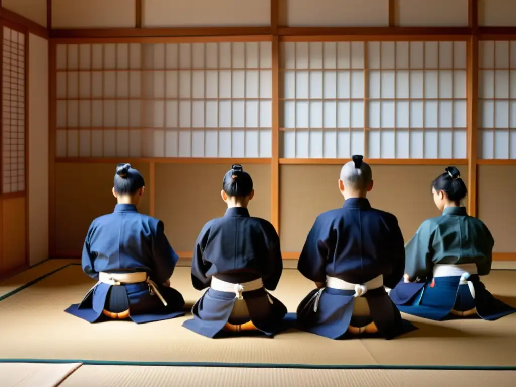 Grupo de practicantes de kendo en un dojo japonés tradicional, en posición seiza, listos para un intenso entrenamiento