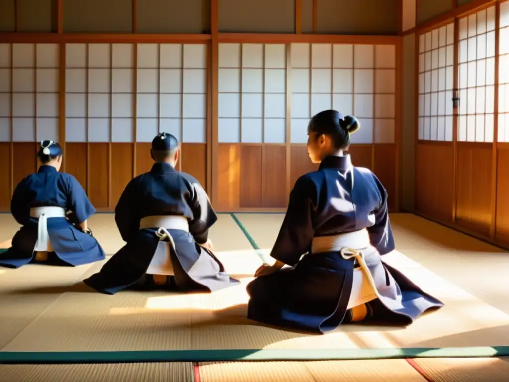 Grupo de practicantes de kendo en un dojo japonés, con una atmósfera de dedicación y disciplina