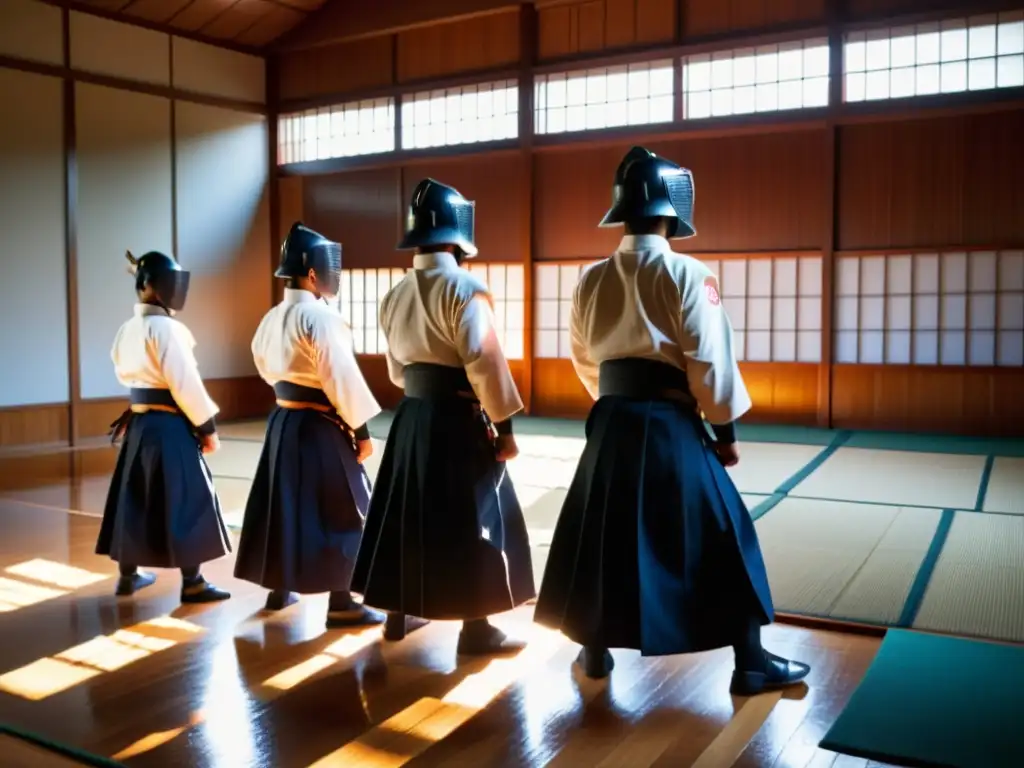 Un grupo de practicantes de kendo con determinación en un dojo, iluminados por la luz de la tarde