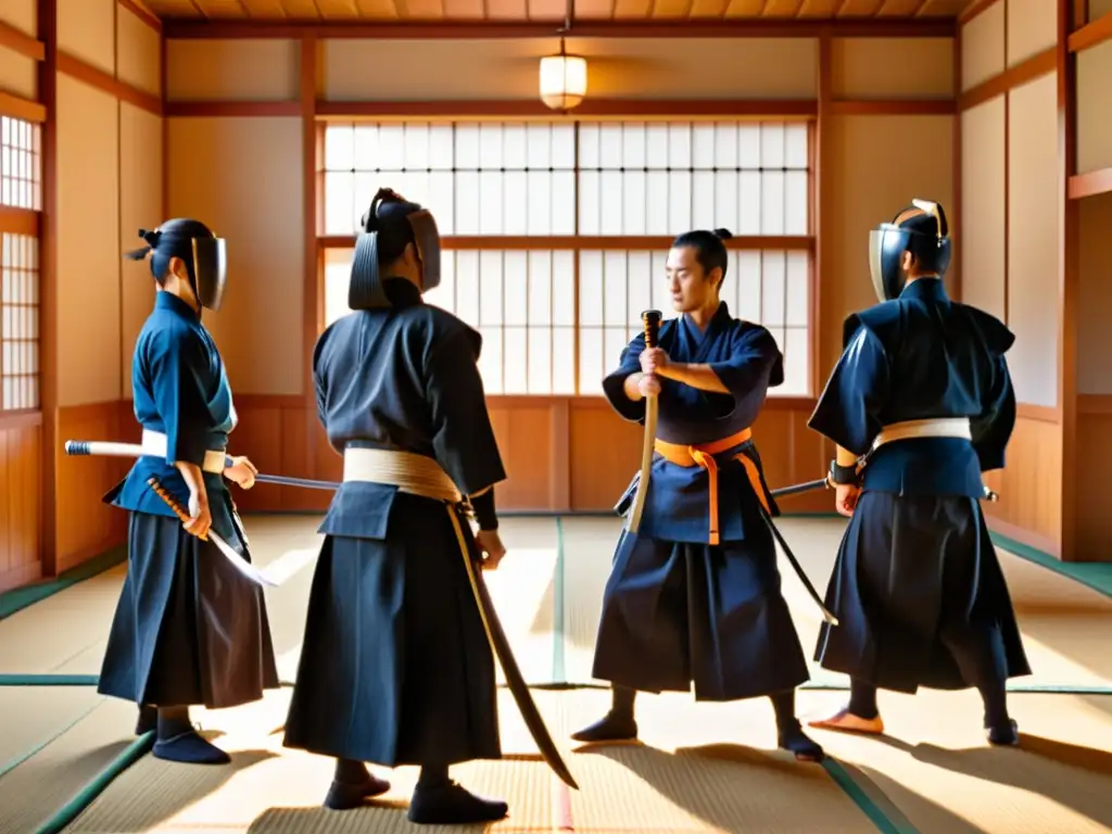 Grupo de practicantes de kendo en un dojo tradicional japonés con bokken alineados