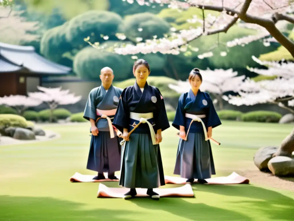 Grupo de practicantes de kendo en un jardín japonés con sakuras