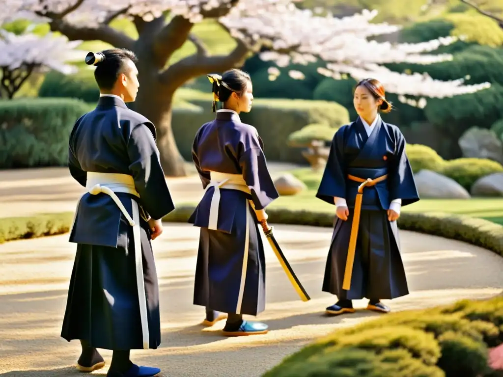 Un grupo de practicantes de kendo en un jardín japonés con árboles de cerezo en flor