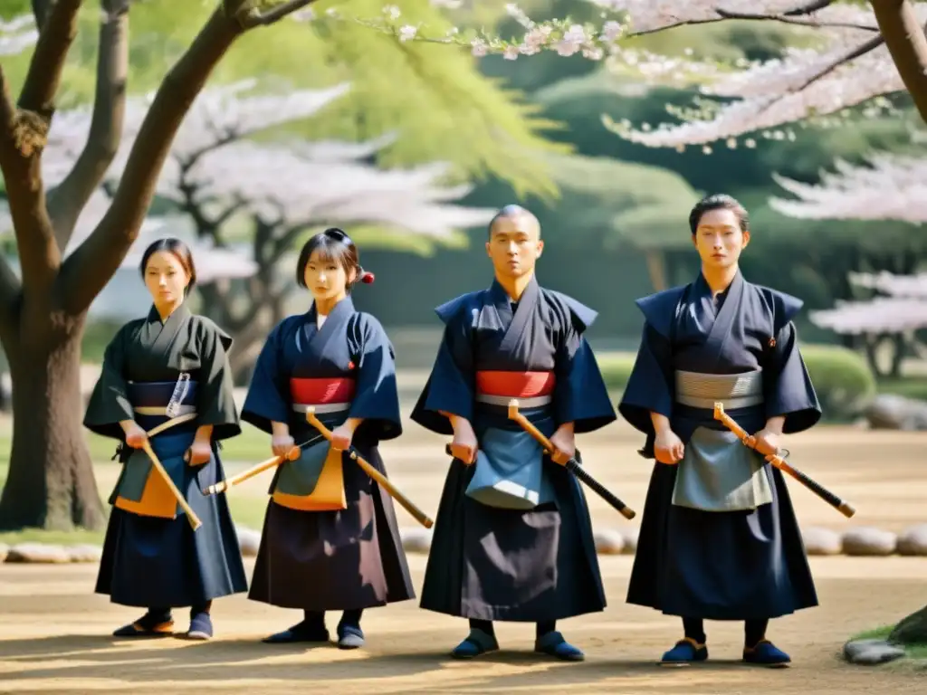 Un grupo de practicantes de kendo en un jardín sereno bajo los cerezos en flor, meditando con disciplina mental