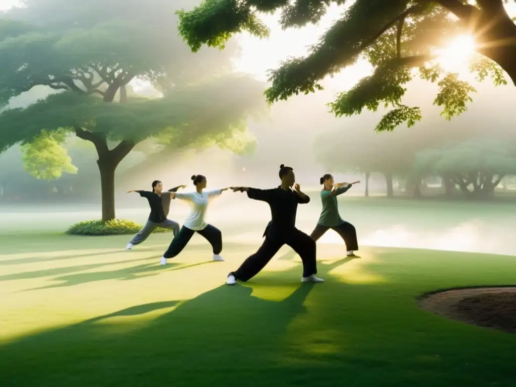 Un grupo de practicantes de Tai Chi disfruta de una mañana serena en el parque, reflejando paz y concentración