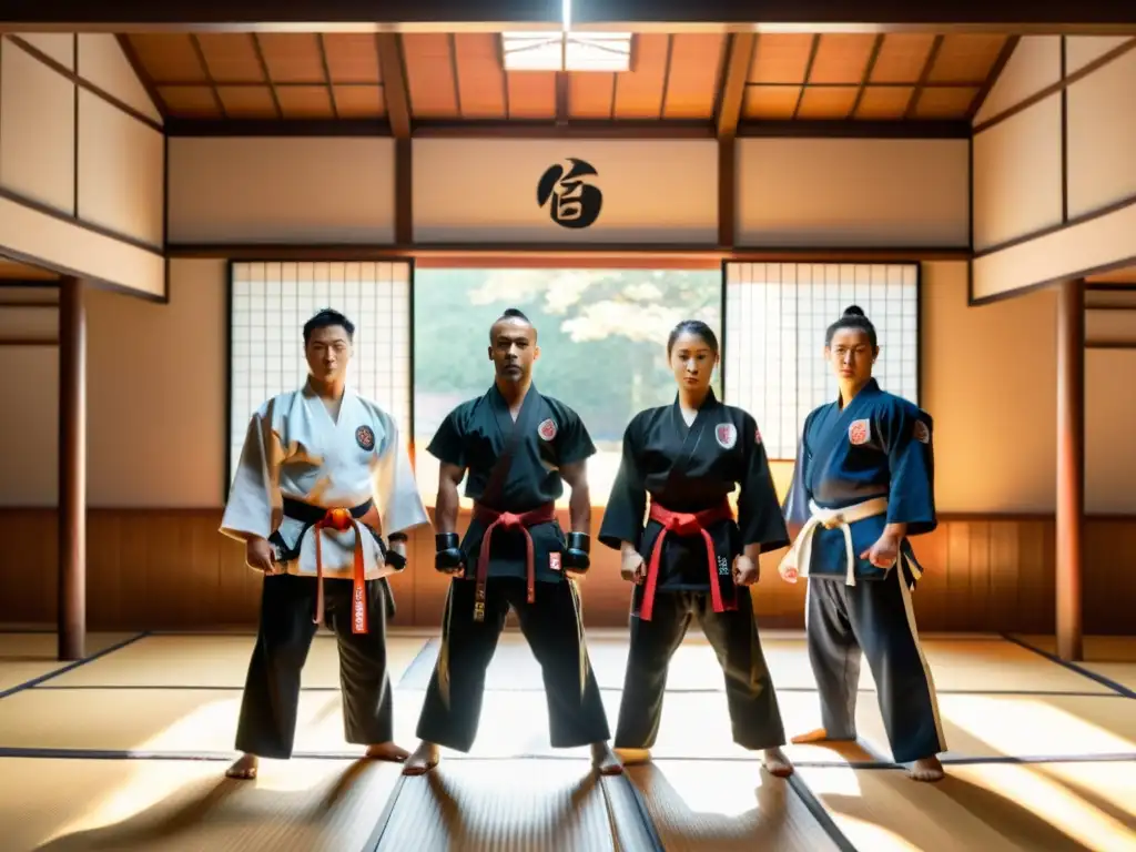 Grupo de practicantes con merchandising para eventos artes marciales, en un dojo con arquitectura japonesa, exhibiendo armas y equipo