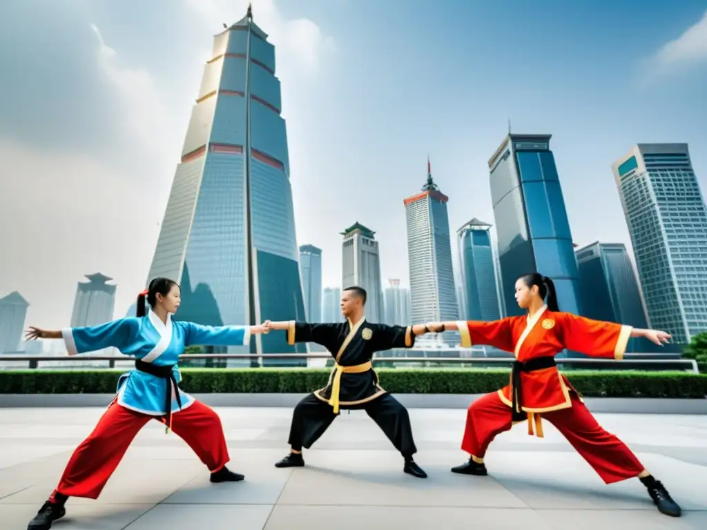 Un grupo de practicantes de wushu moderno realiza una rutina tradicional en un entorno urbano contemporáneo, fusionando técnicas tradicionales con un telón de fondo moderno de rascacielos