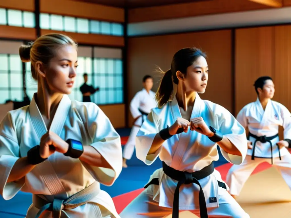 Grupo de practicantes de karate con wearables modernos, entrenando en un dojo tradicional