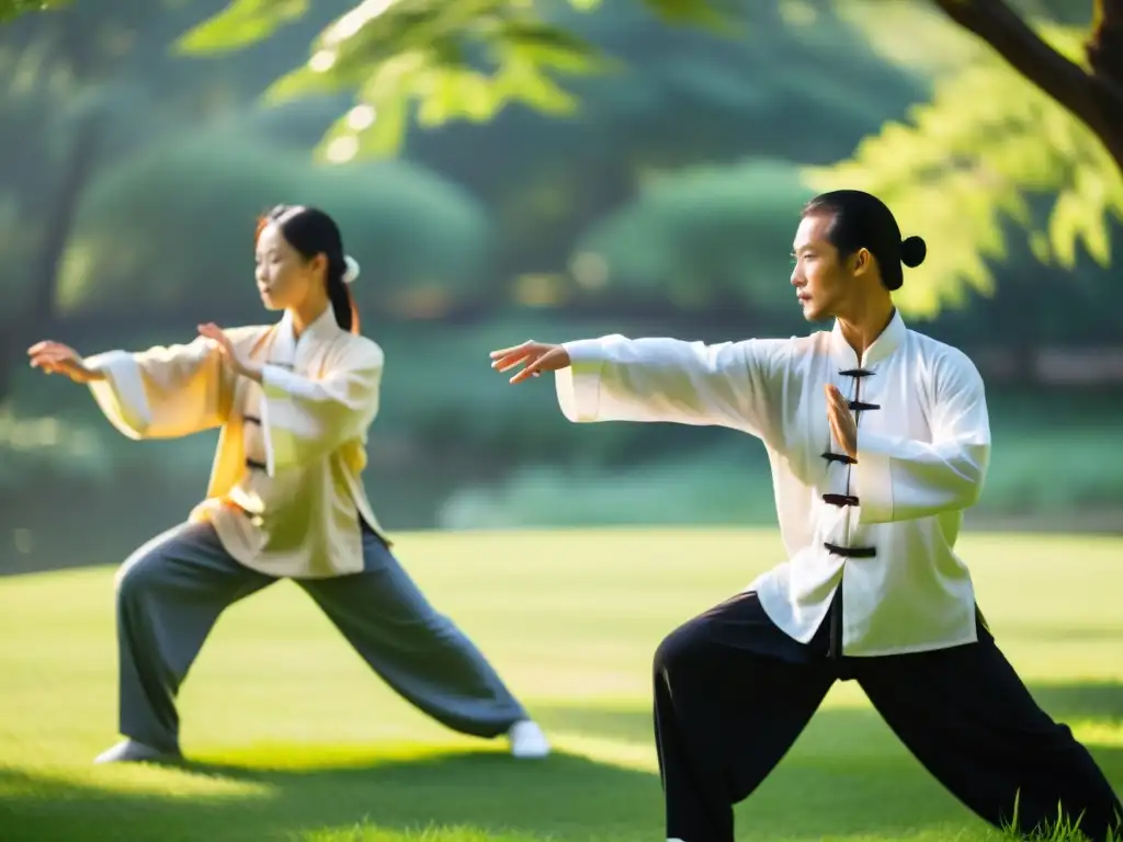 Practicantes de Tai Chi en el parque al amanecer Un grupo de practicantes de Tai Chi realizando movimientos fluidos en un parque sereno, rodeados de exuberante vegetación y la suave luz de la mañana