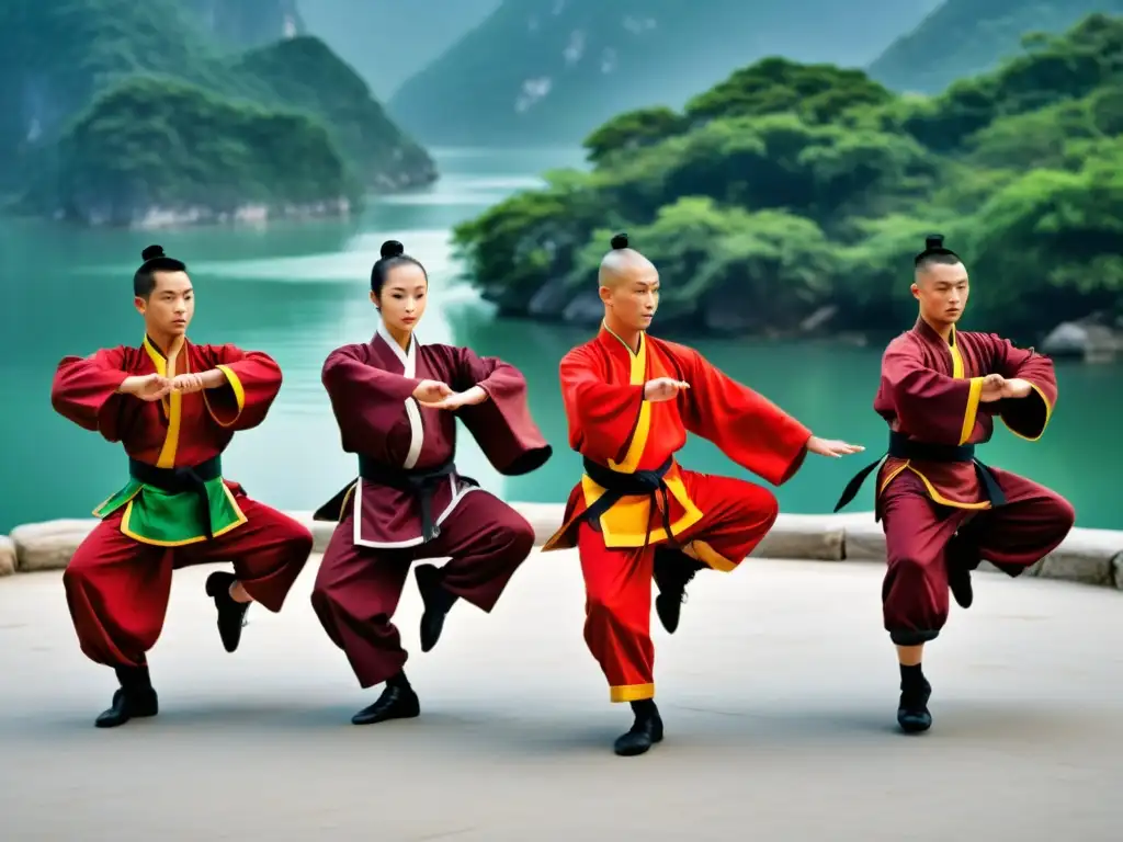 Grupo de practicantes de kung fu ejecutando movimientos precisos y poderosos al aire libre, transmitiendo fuerza interior y claridad mental